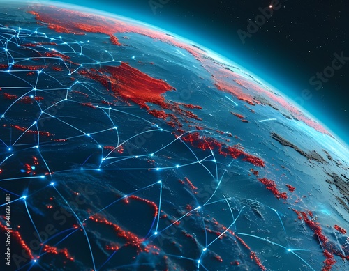 A detailed view of Earth illuminated by countless data connections and glowing lines, showcasing a global network at night. The image captures the technological landscape and communication routes.