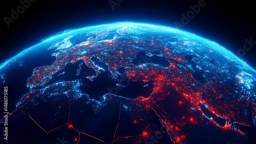 Illuminated globe displaying interconnected networks across North America and surrounding regions in vibrant colors