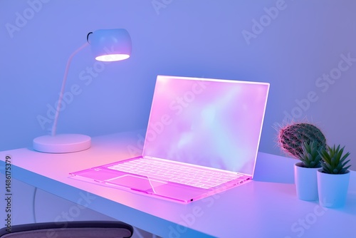 A sleek laptop sits open on a minimalist desk, glowing in bright pink light. Potted plants add a touch of greenery in a contemporary home office setting.
