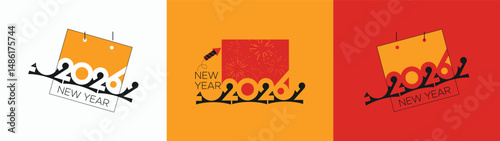 New Year 2026 negative space logo with calendar, celebration and party as concept base. The beloved cat runs happily