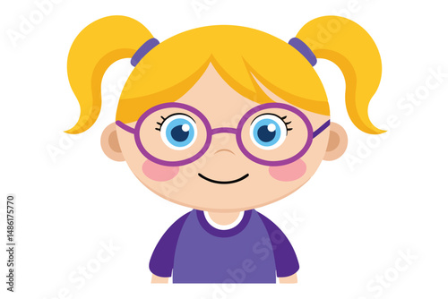 Smiling blonde little girl with pigtails and purple glasses looks directly forward innocently