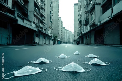 A desolate urban street is lined with abandoned masks scattered across the pavement under the soft light of morning, highlighting the impact of the pandemic on daily life.