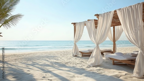 * Beachside cabanas with flowing white curtains.