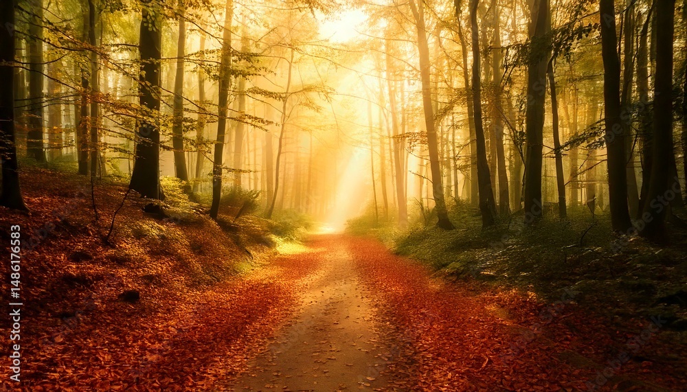 Obraz premium Camino forestal otoñal con luz solar y niebla
