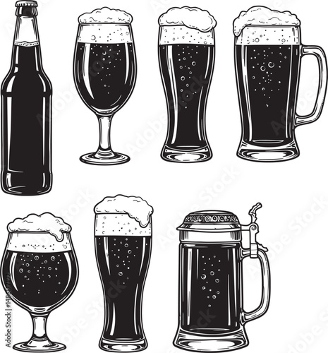  Beer Glass and Mugs Collection Silhouettes White Color Background