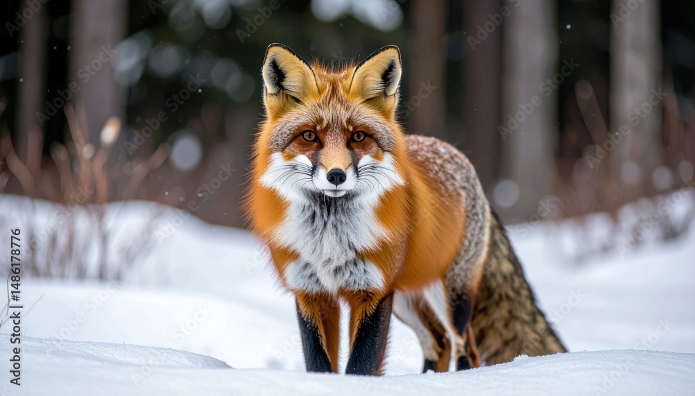 Fototapeta premium A red fox stares alertly in a snowy forest, its fur catching the wind. Captured in sharp detail with icy textures and high contrast light, creating a serene and wild atmosphere
