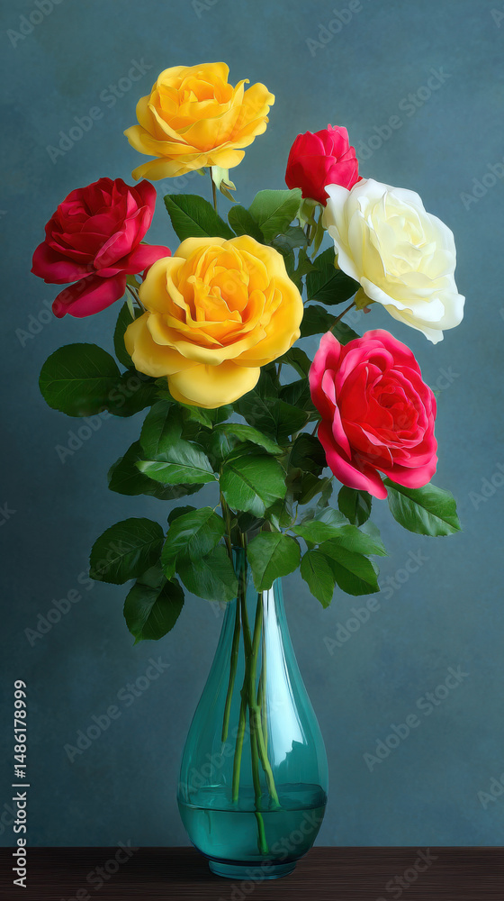 Fototapeta premium A beautiful arrangement of red, yellow, and white roses stands elegantly in a clear blue vase against a subtly textured dark teal backdrop displaying vibrant colors.
