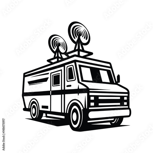 Black & White Caricature of News Vehicle with Satellite Dishes Isolated on White Background