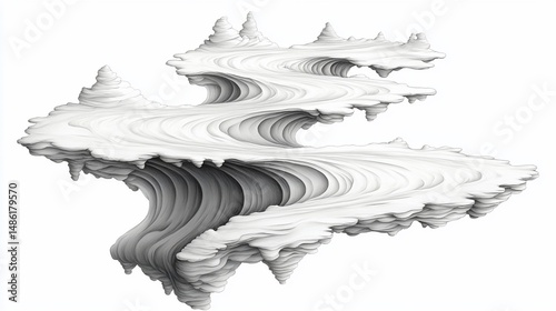 Abstract, layered, white, swirling 3D landscape. Jagged edges, peaks, valleys, and a flowing, curvy form