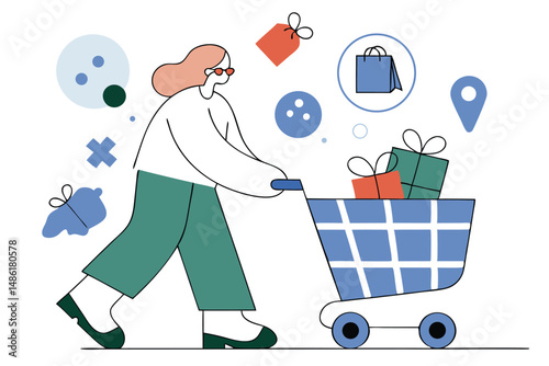 Stylish Caucasian woman pushes shopping cart filled with gifts on white background, minimal style