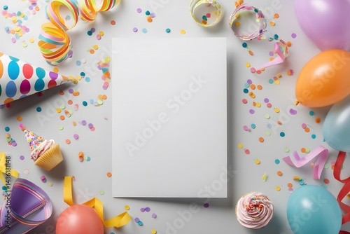 Blank Greeting Card Surrounded by Party Decorations and Confetti