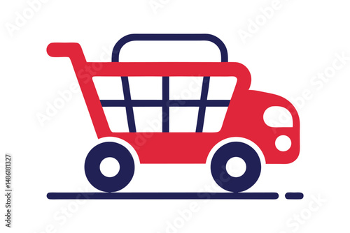 Stylized red shopping cart cruises along, its blue wheels rolling on a solid line