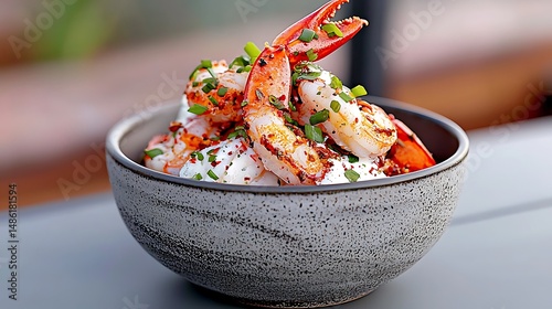Close-Up of Summer Gourmet Garlic Crawfish in a Grey Bowl