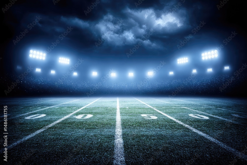 Naklejka premium Illuminated Stadium Field Under a Cloudy Sky