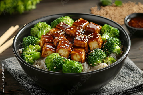 Delicious teriyaki tofu and broccoli bowl with rice.