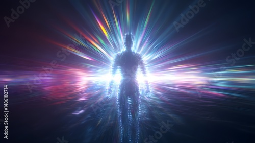 A digital human figure standing in a radiant, colorful light burst against a dark background.