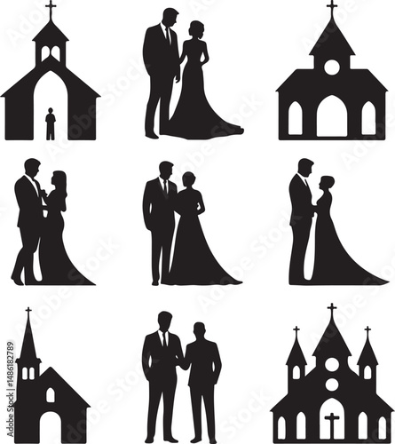 Wedding Couple Silhouettes with Various Church Building Icons