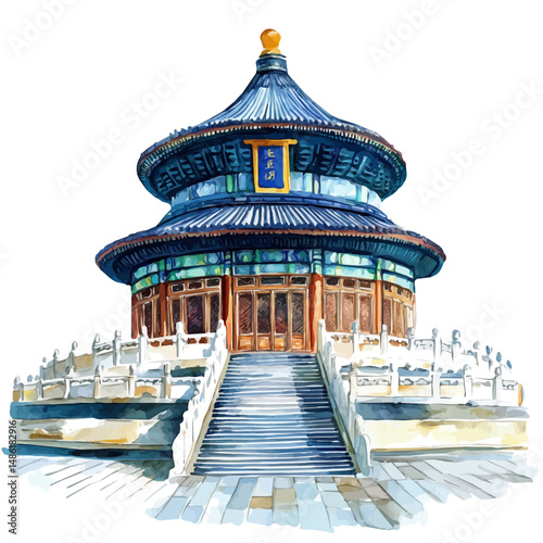 watercolor of Temple Of Heaven In Beijing, vector high quality, isolated on a white background.