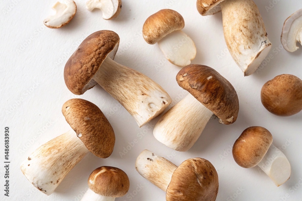 Fototapeta premium Raw Porcini Mushrooms on White Background. Fresh whole porcini mushrooms scattered on a clean white surface, showcasing their earthy texture and rich culinary appeal