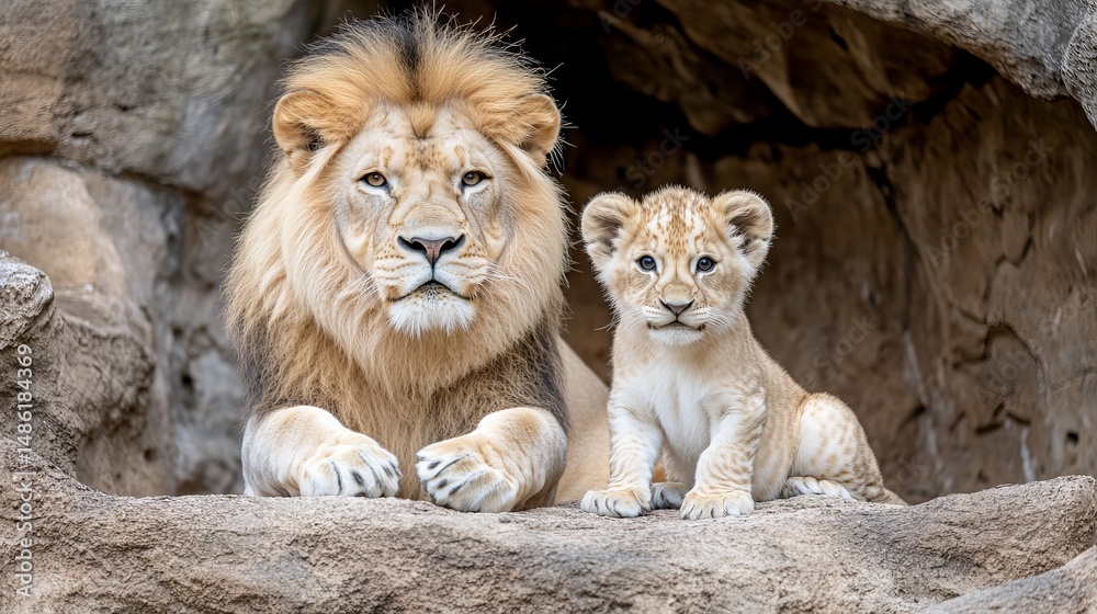 Obraz premium Adult lion sits beside lion cub on a rock formation in a shadowed area. - high quality Adult lion sits beside lion cub on a rock formation in a shadow