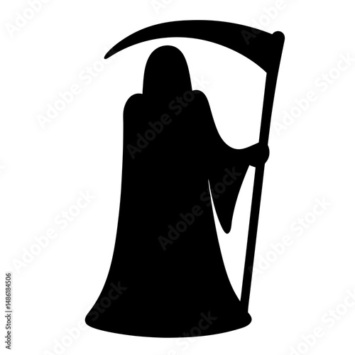 Grim Reaper Holding a Scythe in Dark Silhouette Against White Background