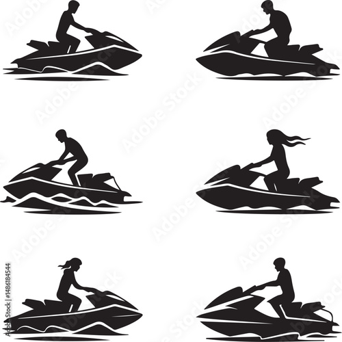 Four Silhouettes of People Riding Jet Skis on Water