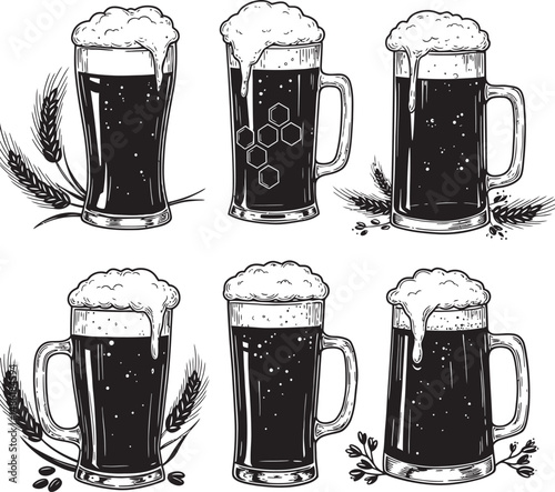  Beer Glass and Mugs Collection Silhouettes White Color Background