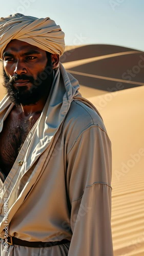 Middle-aged man wearing traditional attire in desert landscape  