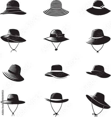 Collection of Twelve Stylish Black Sun Hats and Caps