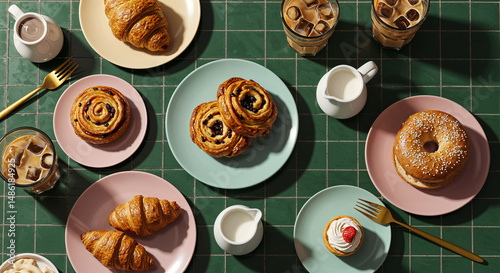 A beautifully styled breakfast table featuring glasses of iced coffee paired with fresh baked goods including croissants, bagels, and Danish pastries. Captured in warm natural light on a tiled surface