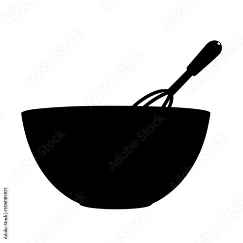 Silhouette of a mixing bowl with whisk inside against a white background