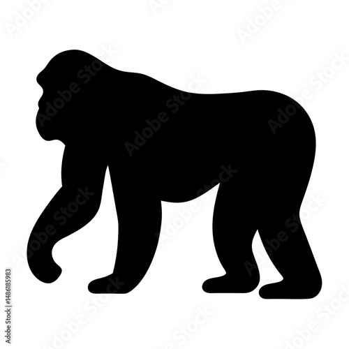 Silhouette of a gorilla in profile, walking with a determined gait