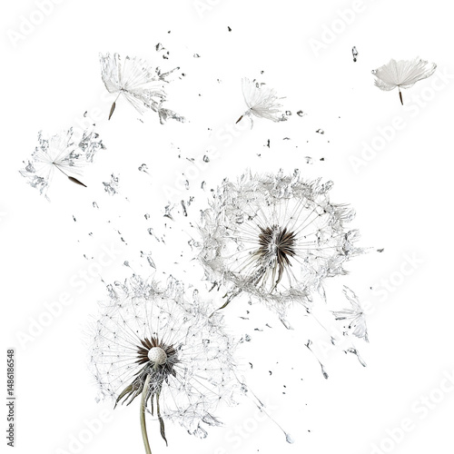 Abstract dandelion seed dispersal against stark backdrop emphasizing fragility and ethereal beauty