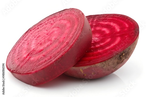 Fresh sliced beetroot with vibrant red rings. Close-up of a halved beetroot showing bright red concentric rings, ideal for healthy food, cooking, and nutrition themes