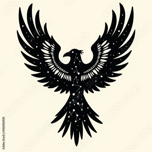 Stylized phoenix silhouette with starry constellation design  
