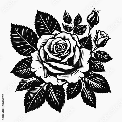 Rose flower, vector silhouette, white background 