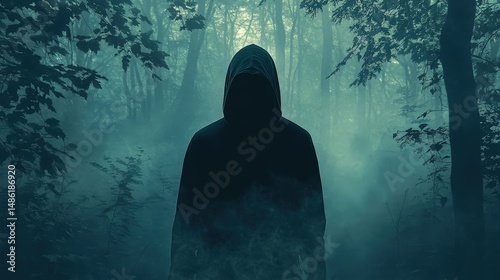 Mysterious figure in a foggy forest at dusk, cloaked in shadow and mystery. A haunting scene that evokes intrigue and suspense.