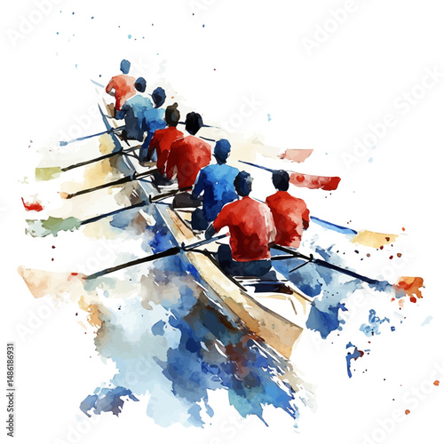 Team Of Rowers Paddling In Sync On A River, watercolor illustration vector, high quality, isolated on a white background.