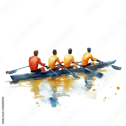 Team Of Rowers Paddling In Sync On A River, watercolor illustration vector, high quality, isolated on a white background.