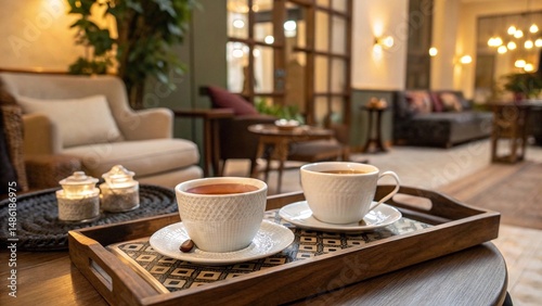 Wallpaper Mural Cozy coffee break in elegant lounge setting. Two cups of coffee on a wooden tray in a stylish, warmly lit lounge with comfortable seating and ambient lighting Torontodigital.ca