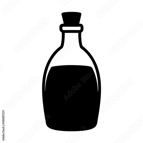 Elegant black bottle silhouette containing a dark liquid with a stopper