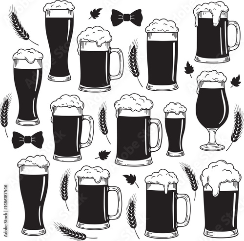  Beer Glass and Mugs Collection Silhouettes White Color Background