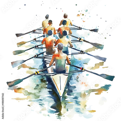 Team Of Rowers Paddling In Sync On A River, watercolor illustration vector, high quality, isolated on a white background.