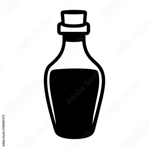 A sleek black and white bottle containing a dark, mysterious liquid