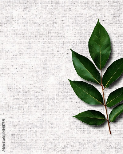Green Leaf Branch on White Textured Background