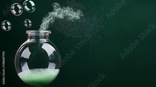 Green Particles Erupting From Glass Jar With Floating Bubbles Against Dark Green Background