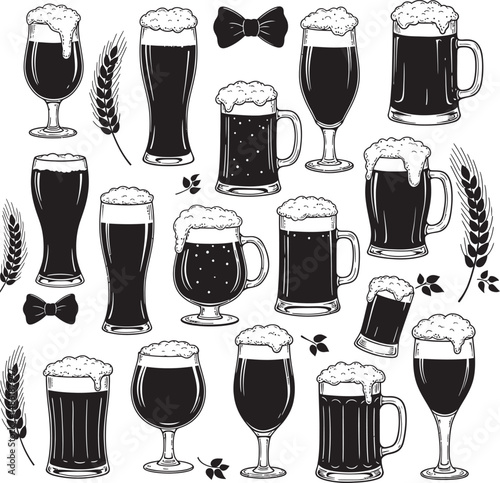  Beer Glass and Mugs Collection Silhouettes White Color Background