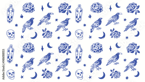 Hand drawn Gothic Halloween Seamless Pattern Spooky Bats Spiders Pumpkins and Creepy Elements for Autumn Designs