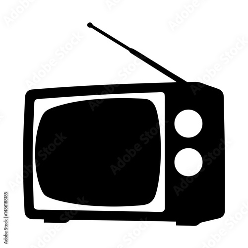 A black and white retro television with antenna and circular knobs image