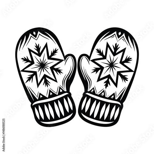 Outlined mittens showing decorative snowflake winter apparel warmth